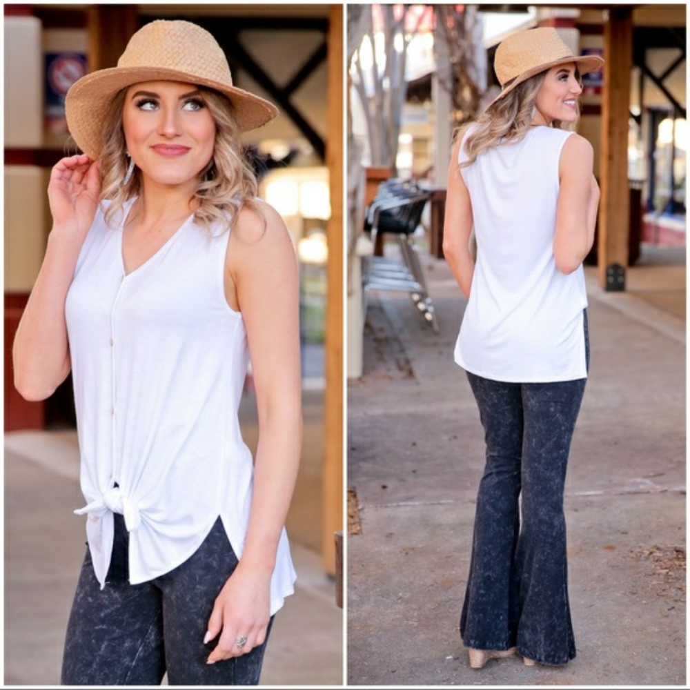 Sleeveless button front tie top